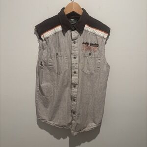 Harley-Davidsons Women's M  Sleeveless Vest Spell-Out Tan/ Brown Linen Blend